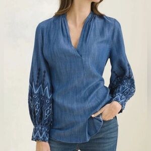 Chicos Popover Tunic Size L 12 14 Chambray Embroidered Long Sleeve Western